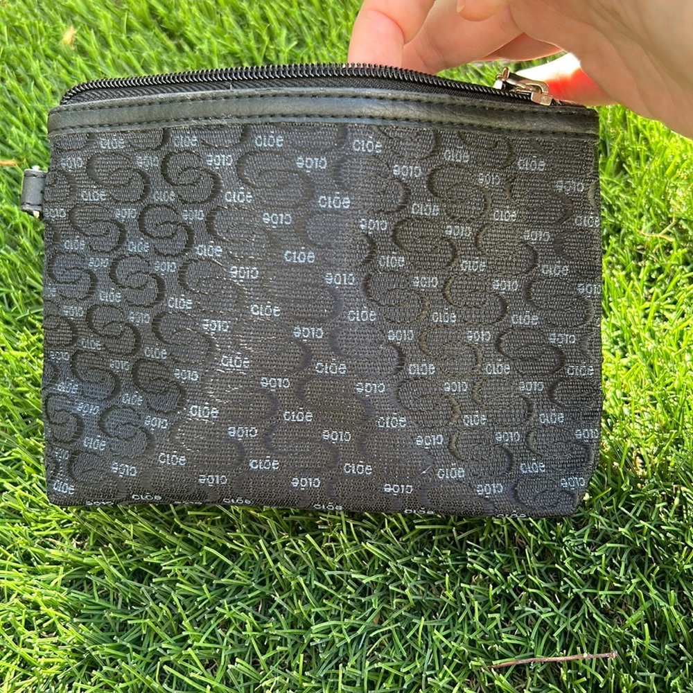 Cloe fabric with leather trim wristlet